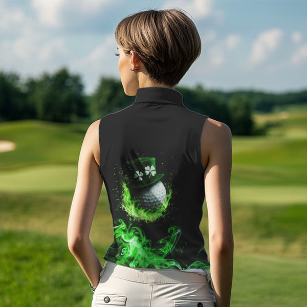 Personalized Green Flame Smoke Lucky clover Sleeveless golf polos custom St Patrick Day golf shirt NQS9450