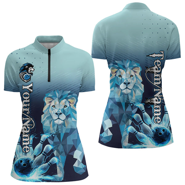 Blue Lightning Lion Bowling Polo, Quarter Zip Shirts for Women Custom Lion Bowling Team jerseys NQS9292