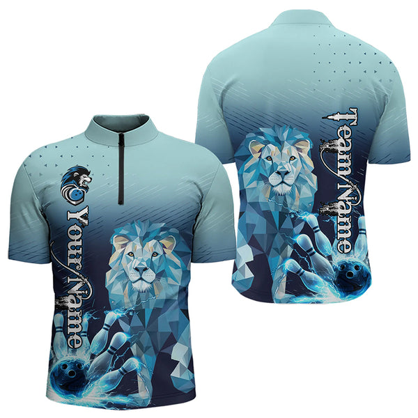 Blue Lightning Lion Bowling Polo, Quarter Zip Shirts for Men Custom Lion Bowling Team jerseys NQS9292