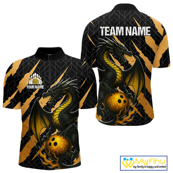 Black and Gold Dragon Bowling Polo, Quarter Zip Shirts for Men Custom Bowling Outfit Team jersey NQS10037