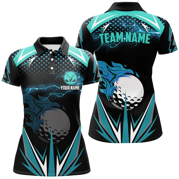Black Womens golf polo shirts custom Cyan Blue fire lightning team golf jersey, golf attire for ladies NQS7944