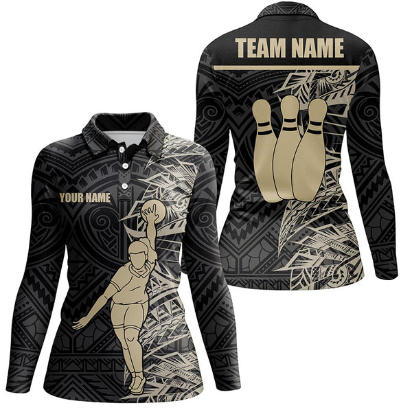 Personalized Bowling polo Shirts for women Golden Black Tribal team Bowling Jersey Gift For Her NQS6031