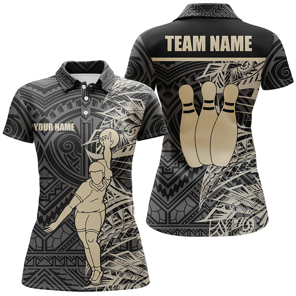 Personalized Bowling polo Shirts for women Golden Black Tribal team Bowling Jersey Gift For Her NQS6031