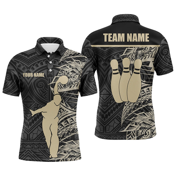 Personalized Bowling polo Shirts for Men Golden Black Tribal team Bowling Jersey, Bowling Gift For Him NQS6031
