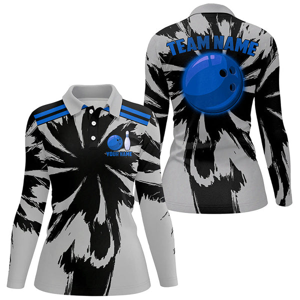 Black and Gray bowling Polo, Quarter Zip Shirt for Women Custom Blue bowling ball Team Bowling jerseys NQS8144