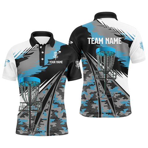 Mens disc golf polo shirts custom blue camo disc golf basket disco golf outfit, team disc golf apparel NQS6256