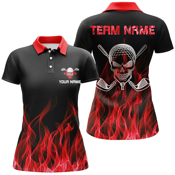 Black Womens golf polo shirt custom red flame skull golf clubs, personalized golf gifts for women NQS6258