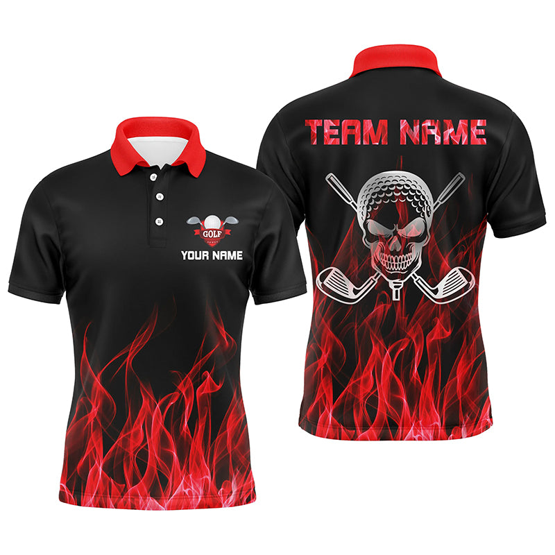 Black Mens golf polo shirts custom red flame skull golf clubs, personalized golf gifts for men NQS6258