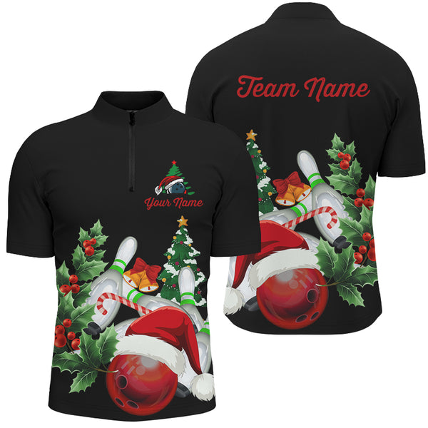 Christmas Bowling Shirts Custom Men Bowling Polo, Quarter zip Shirts black team league bowling jerseys NQS8823