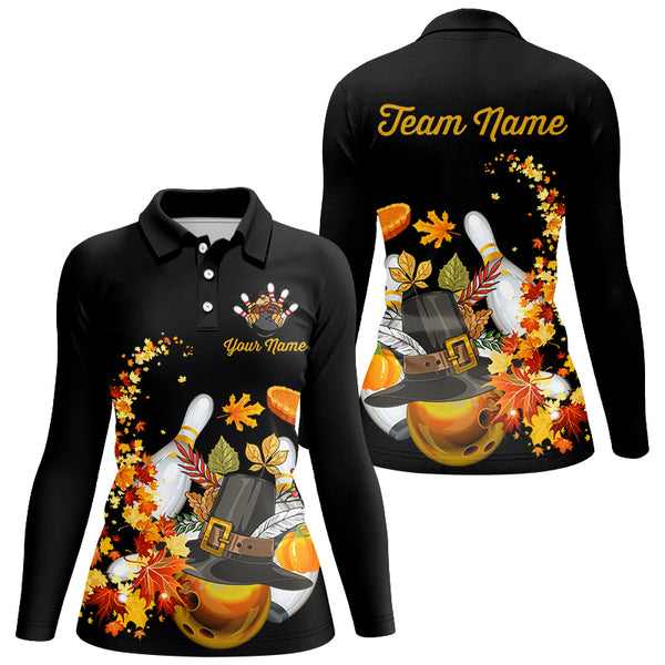 Thanksgiving Bowling Shirt Custom Women Bowling Polo, 1/4 zip Shirt black team league bowling jerseys NQS8824