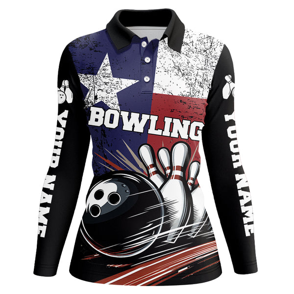 Grunge Texas Flag Retro Black Bowling Polo, Quarter Zip shirts for Women custom team bowling jersey NQS8829