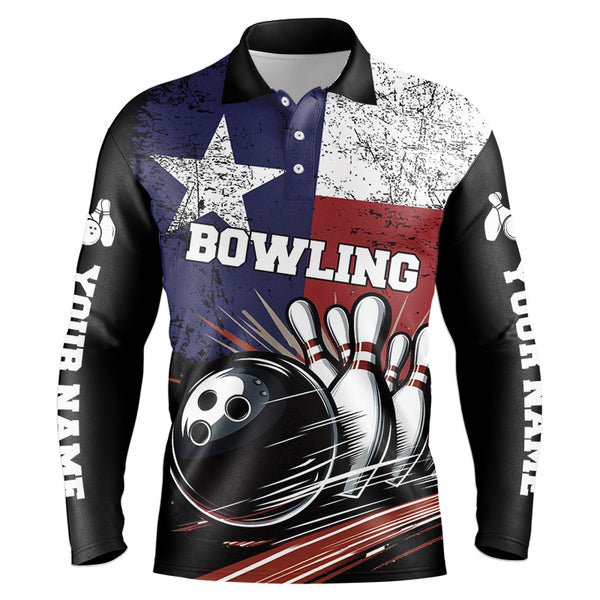 Grunge Texas Flag Retro Black Bowling Polo, Quarter Zip shirts for men custom team bowling jersey NQS8829