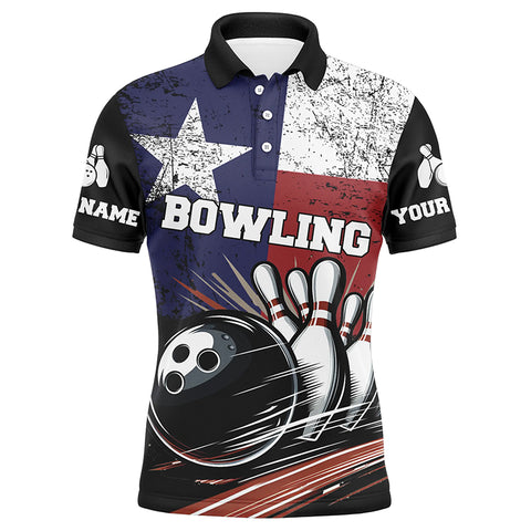 Grunge Texas Flag Retro Black Bowling Polo, Quarter Zip shirts for men custom team bowling jersey NQS8829