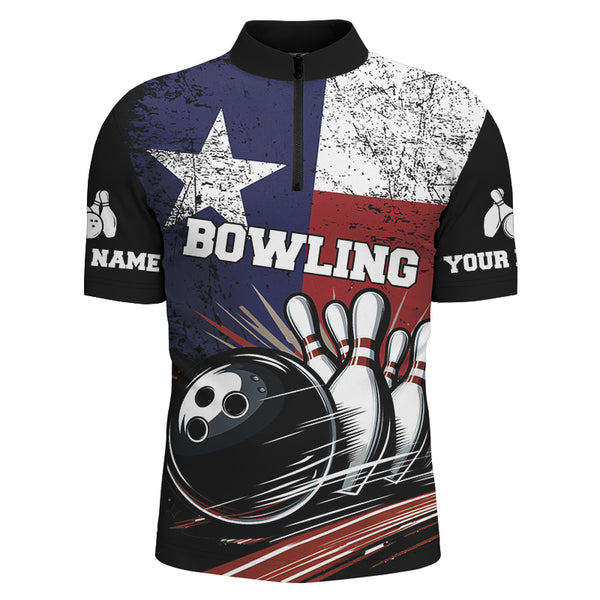 Grunge Texas Flag Retro Black Bowling Polo, Quarter Zip shirts for men custom team bowling jersey NQS8829