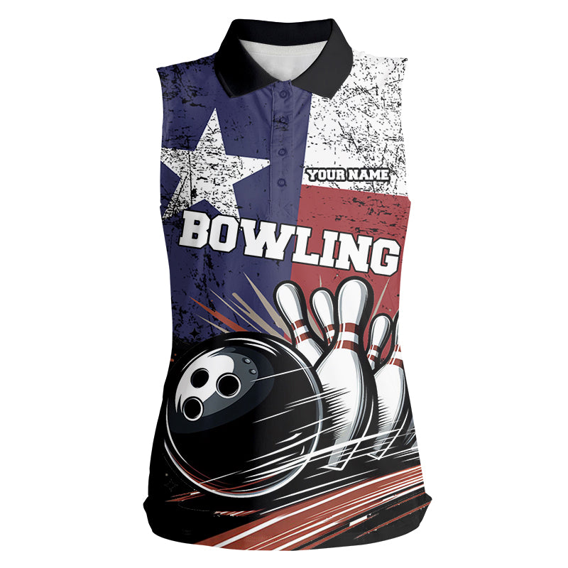 Grunge Texas Flag Retro Black Bowling Sleeveless Polo shirts for Women custom team bowling jersey NQS8829