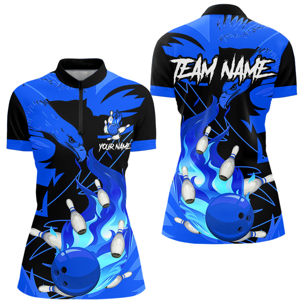 Eagle flame bowling ball and pins custom Women Bowling Shirts, team bowling jerseys | Blue NQS9616