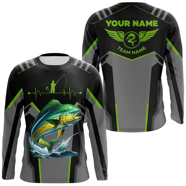 Personalized Black Mahi mahi Fishing jerseys, Team Dorado Fishing Long Sleeve tournament shirts| Green NQS6270