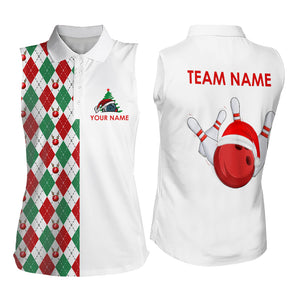 Christmas Bowling Womens Sleeveless Polo Shirts custom red, white, green argyle pattern Bowling Jersey NQS9060