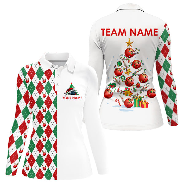 Christmas Tree Bowling Shirts For Women custom red, white, green argyle pattern Bowling Team Jerseys NQS9061