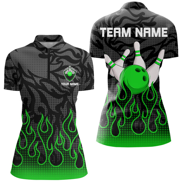 Green Flame Fire Womens bowling shirts black camo Bowling Jerseys Personalized Bowling Team Shirts NQS9064