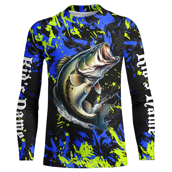 Largemouth Bass fishing green blue camo Custom UV protection performance long sleeve fishing shirt NQS7099