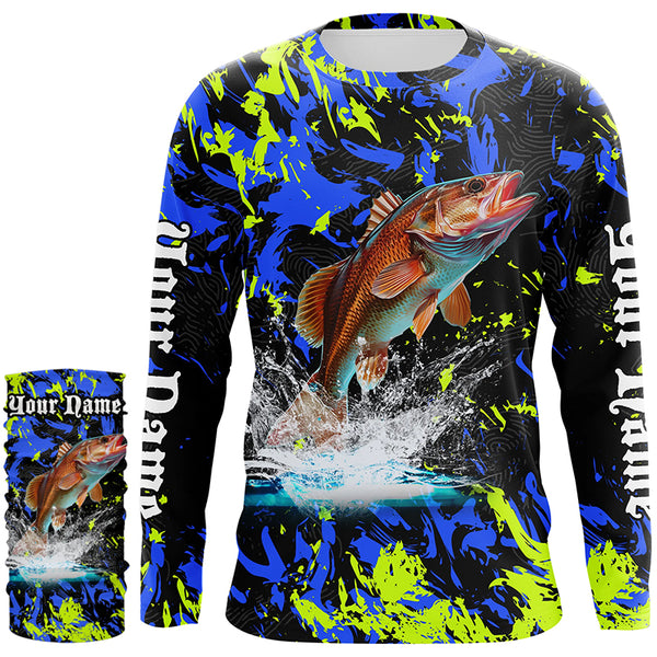 Redfish puppy drum fishing green blue camo Custom performance long sleeve fishing shirt jerseys NQS7218