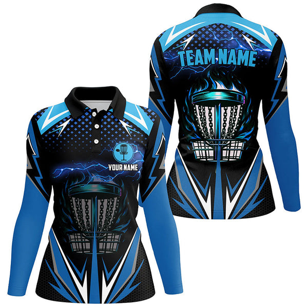 Black Women disc golf polo shirts custom blue fire lightning team disc golf jerseys, unique golf gifts NQS7382