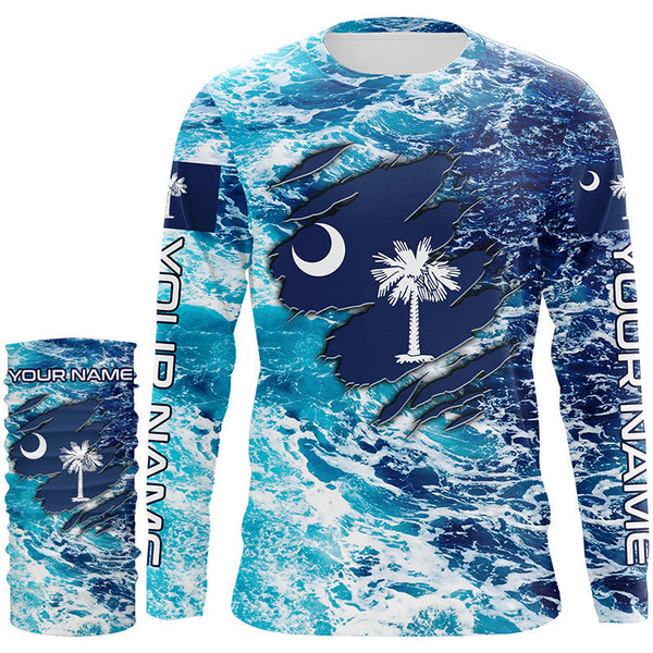 Blue sea wave ocean camo South Carolina flag patriot shirts Custom sun protection fishing shirts NQS8165
