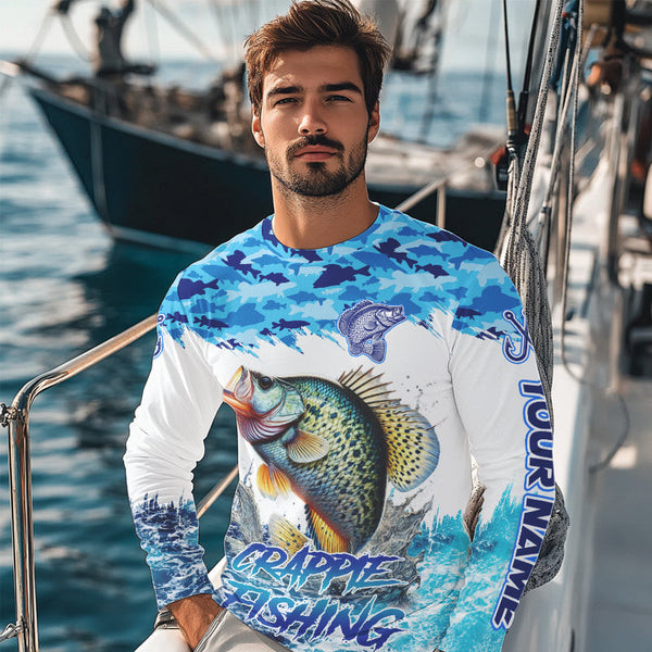 Crappie fishing Blue ocean camo Custom UV protection fishing long sleeve shirt, Crappie Fishing jersey NQS8172