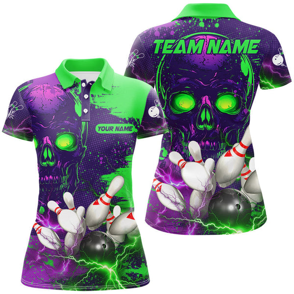 Purple and Green Lightning Thunder Storm Skull Bowling Shirts For Women Custom Bowling Team Jerseys NQS8598