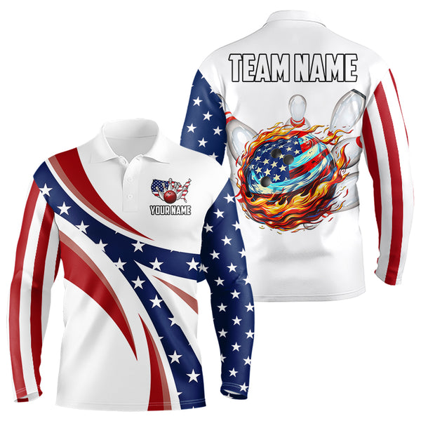 American Flag Flame Bowling Ball Pins Mens bowling shirts Personalized Patriotic Bowling Team Shirts NQS9086