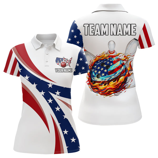 American Flag Flame Bowling Ball Pins Womens bowling shirts Personalized Patriotic Bowling Team Shirts NQS9086