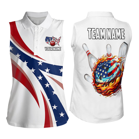 American Flag Flame Bowling Ball Pins Sleeveless Polo shirt Personalized Patriotic Bowling Team Shirts NQS9086