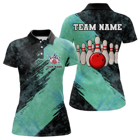 Black and Mint Color Womens bowling Polo, Quarter Zip shirt Custom Bowling Team Jerseys, Bowler Outfit NQS9087