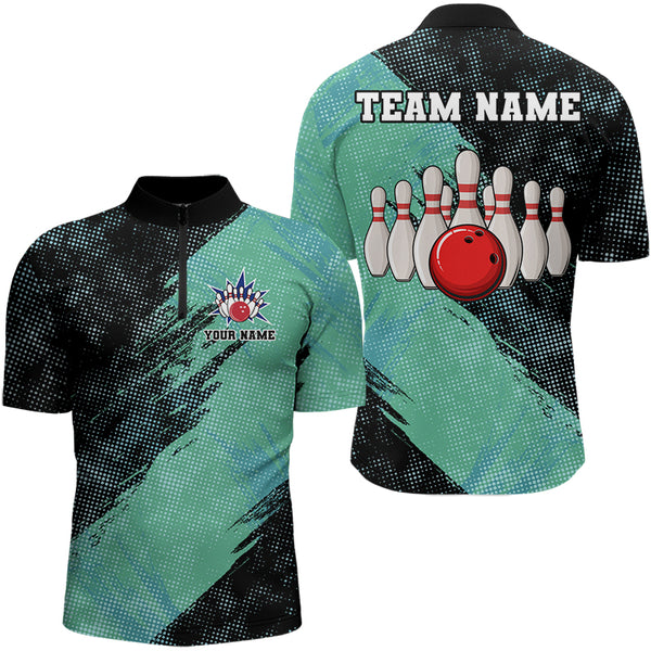 Black and Mint Color Mens bowling Polo, Quarter Zip shirt Custom Bowling Team Jerseys, Bowler Outfit NQS9087