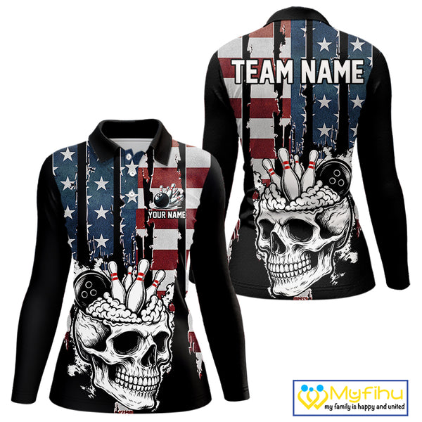 Vintage American Flag retro skull bowling shirts for Women Custom patriotic Bowling Team Outfit NQS10048