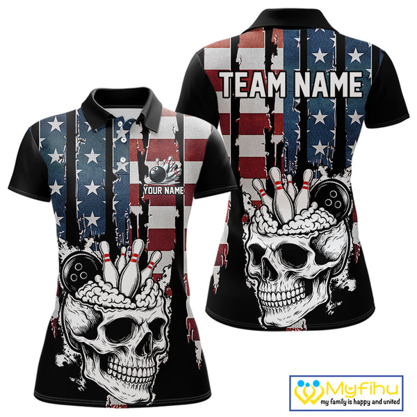 Vintage American Flag retro skull bowling shirts for Women Custom patriotic Bowling Team Outfit NQS10048