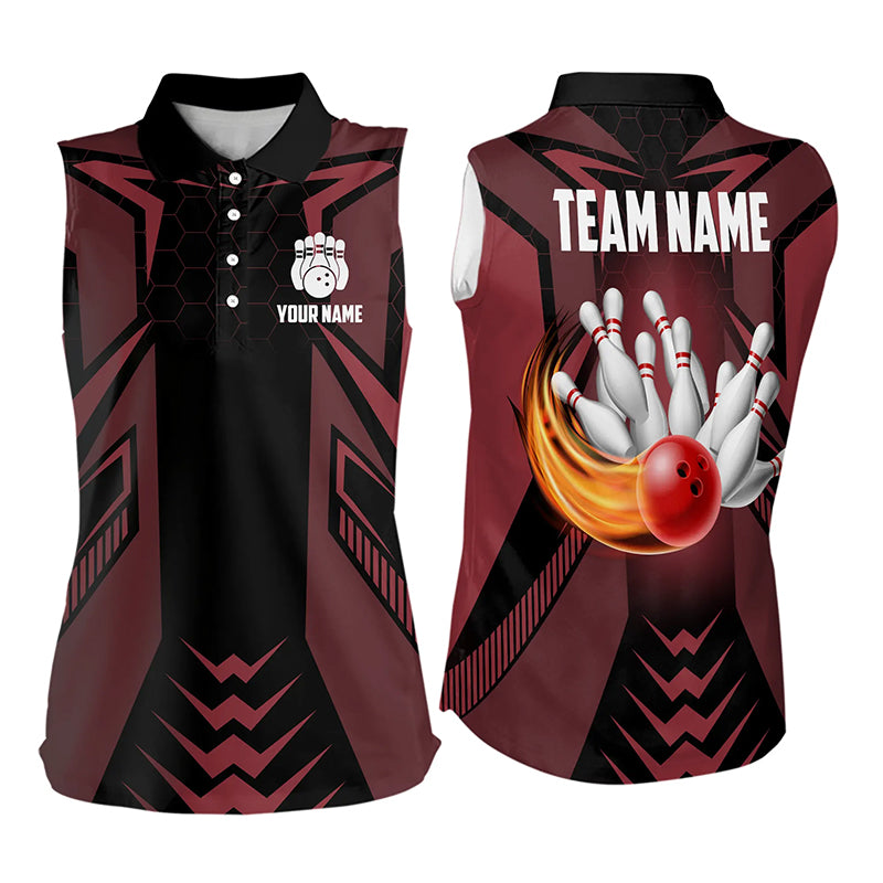 Personalized Black and Red Flame Bowling sleeveless polo Shirt For Women Custom Bowling Team Jersey NQS9097