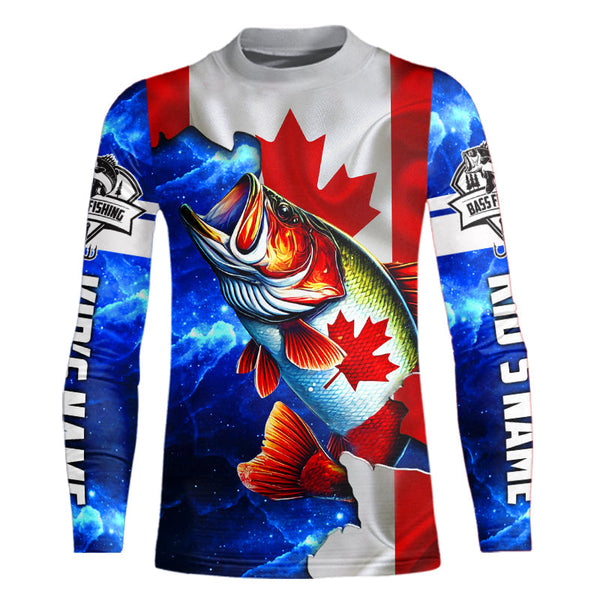 Bass Fishing Canadian Flag patriotic UV protection Custom name long sleeves shirt NQS9309