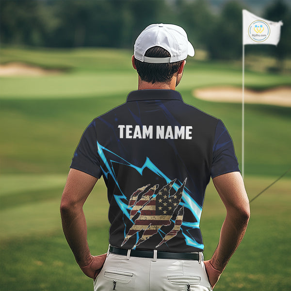 Vintage American Flag blue lightning Mens Golf polo shirts Custom patriotic Golf outfit For Mens NQS10059