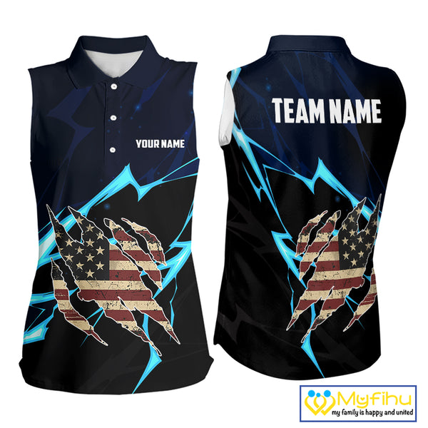 Vintage American Flag blue lightning Women Sleeveless polos Custom patriotic Golf outfit For ladies NQS10059