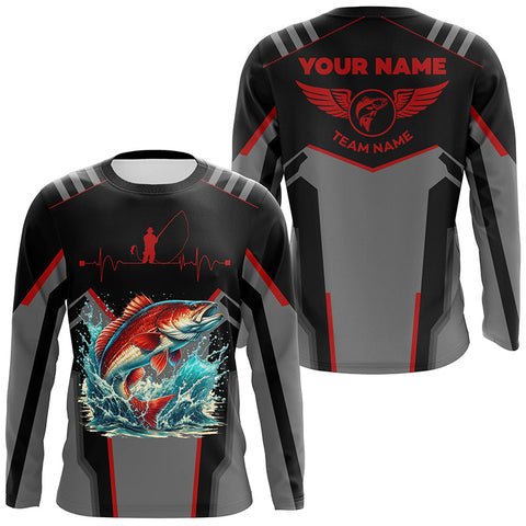 Personalized Black Redfish Fishing jerseys, Team red drum Fishing Long Sleeve tournament shirt| Orange NQS6286