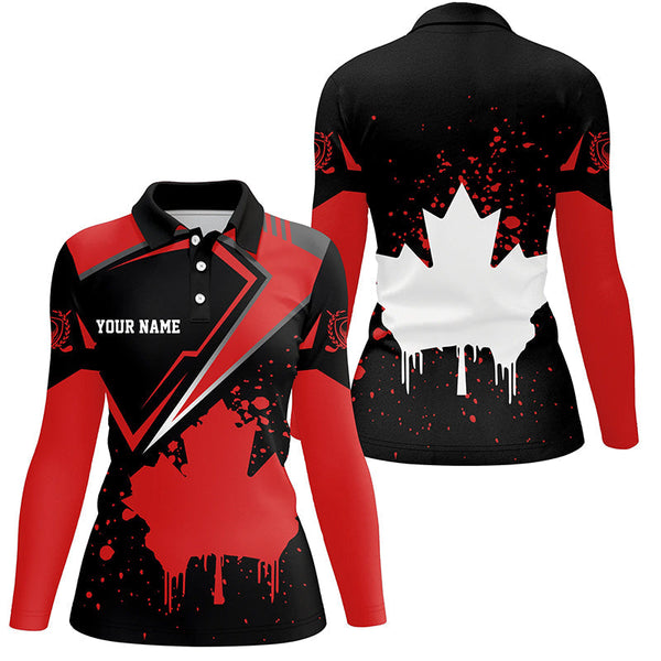 Black Womens golf polo shirt Canada flag maple leaf custom team golf shirt, Canadian patriot golf tops NQS7233