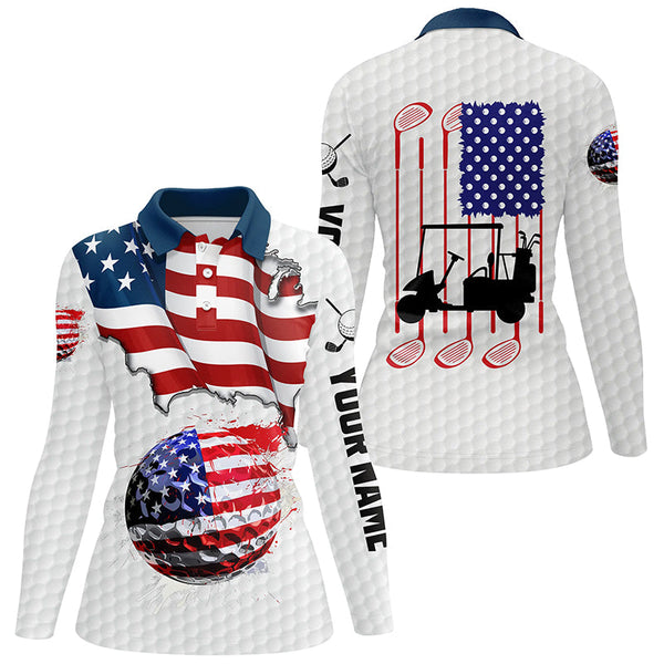 American flag white Golf ball Women Golf Polo Shirt Custom Golf Shirts For Ladies, Patriotic Golf Gift NQS7738