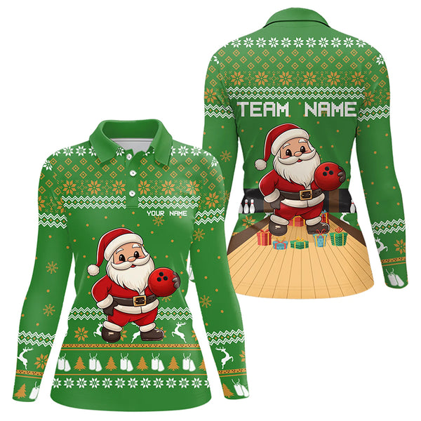 Green Ugly Christmas pattern Santa Women Bowling Polo, Quarter Zip Shirt Custom Bowling Team Jersey NQS9115