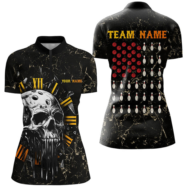 Skull Bowling Camo American Flag Custom Bowling Polo, 1/4 zip Shirts For Women Bowling Team Jerseys NQS8427