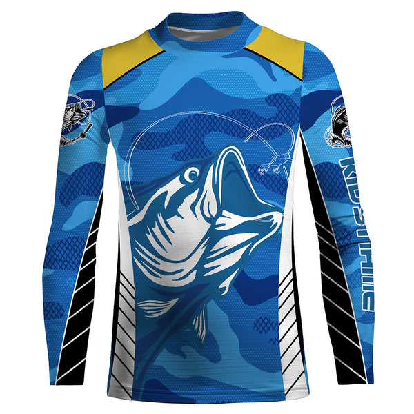 Bass Fishing tattoo blue UV protection  customize name long sleeves fishing shirts NQS2328