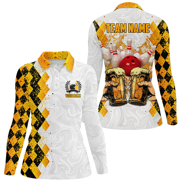 Bowling Beer argyle pattern Custom Bowling Polo, 1/4 zip Shirts For Women Bowling Team League Jersey NQS8423