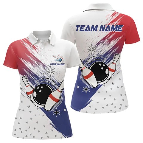 Red, White and Blue Bowling Polo, 1/4 Zip Shirts For Women Custom Bowling Team Jersey, Gift For Bowler NQS9122