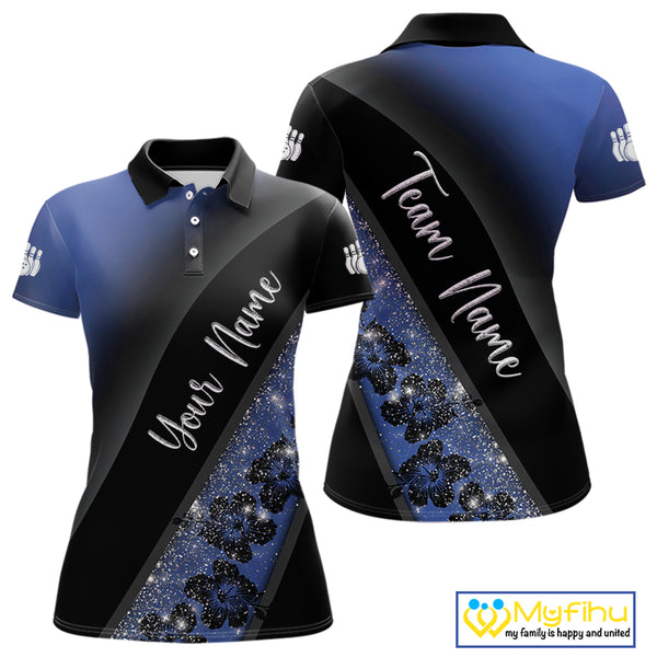 Black and Blue Glitter Flower Bowling Polo, Quarter Zip Shirt for Women Custom Bowling Team Jerseys NQS10383